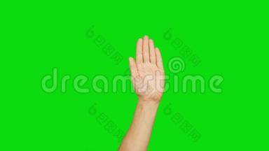白衣男子左手举起在绿色的背景上.. 手掌心。 举起手来。 手起而落.. 阿尔法通道